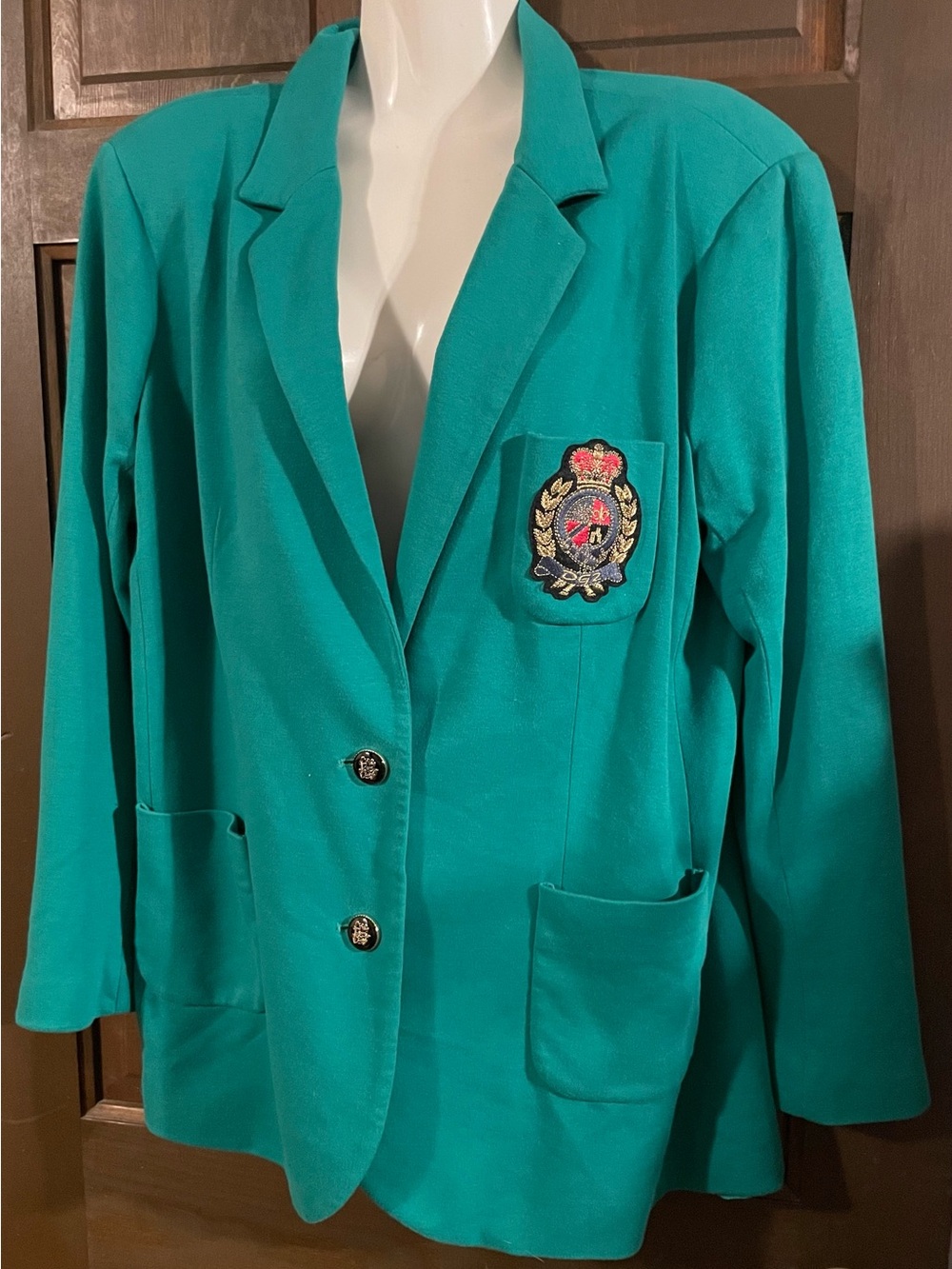 Diane Gilman DG2 Knit Preppy Teal Embroidered Crest Blazer